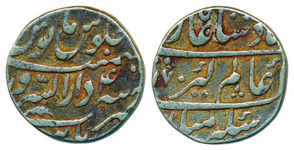 Alamgir II, Silver Rupee, 11.49g, Burhanpur Mint, ruler’s name in the middle field, AH 117