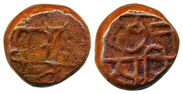 Tanjore Maratha, Copper ¼ Shivrai Paisa, 3.40g, Obv: ‘Chhatra/Pati’, Rev: ‘Shri Raja / Shi