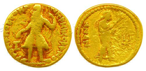 Kushans, Kanishka I, Gold Dinar, 7.53g, Obv: Standing bearded figure of King facing left, 
