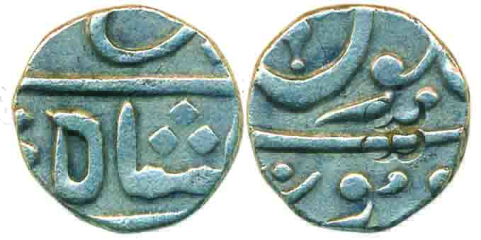 Poona Muhiyabad Mint, Silver ¼ Rupee, 2.74g, in the name Shah Alam II, partial Ankushi sym