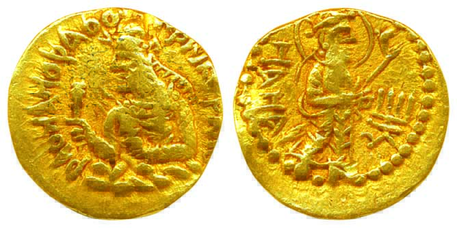 Kushans, Huvishka, Gold ¼ Dinar, 1.94g, Obv: Left facing bust of King with mean and sharp 
