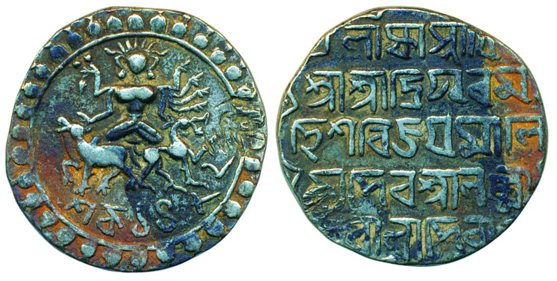 Vijaya Manikya, Silver Tanka, 10.62g, SE 1482, Obv: Figure of Ardhanarishvara, composed of