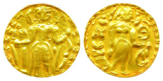 Mainamati, Gold Dinar, 6.20 g, imitating Gupta coinage, Obv: king standing left holding bo
