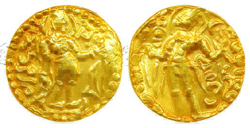 Mainamati, Virajadarma, Gold Dinar, 6.53g, Archer type, Obv: with the name of Chandra belo