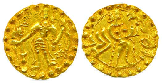 Mainamati, Virachandra, Gold Dinar, 5.83g, Archer type, a goddess standing to right on rev