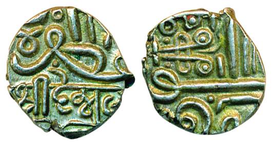 Desalji I, Silver ¼ Kori, 1.18g, in the name of Muzaffar Shah, Obv: Nagari legend ‘Shri De