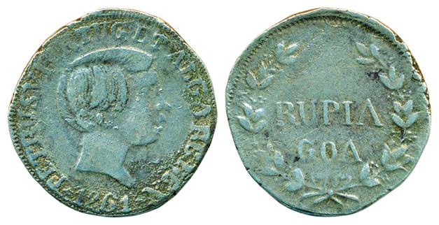 Pedro V, Silver Rupia, 10.87g, Goa Mint, AD 1861, Obv: Head to right, Rev: Value and mint 