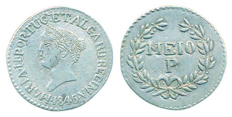 Maria II, Silver ½ Pardao (150 Reis), 2.75g, AD 1846, Obv: Head left with circular inscrip