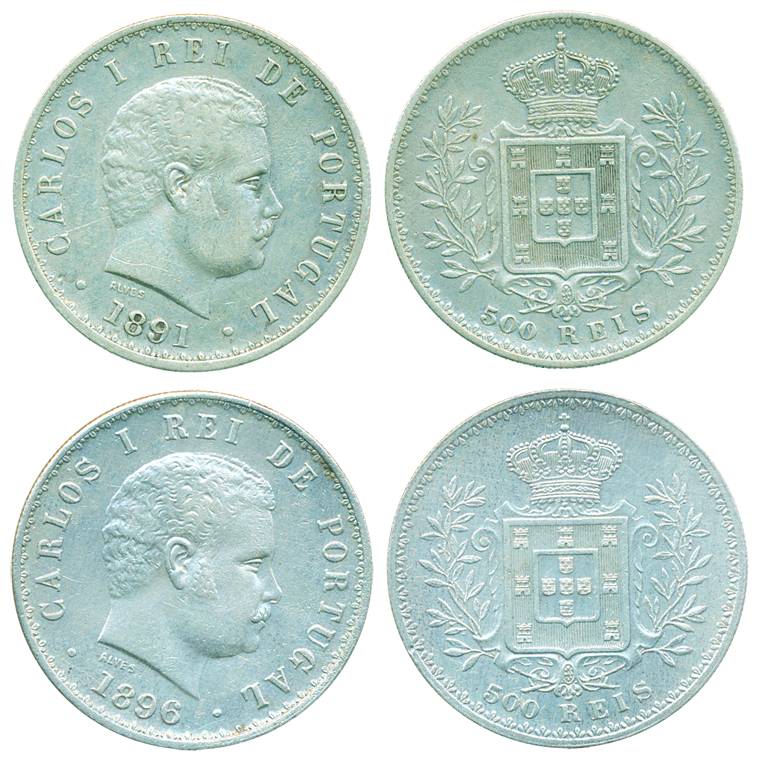 Carlos I, Silver 500 Reis (2), 1891 & 1896, Rei De Portugal. Very fine, scarce. 2 coins.