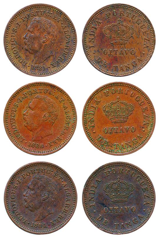 Ludovicus I, Copper Ottavos or 1/8 Tanga (3), different dates, 1881, 1884, 1886, Colonial 