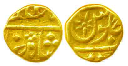 Gold 1/15 Mohur, 0.74g, Surat Mint, in the name of Shah Alam II, 1800-1815 issue, without 
