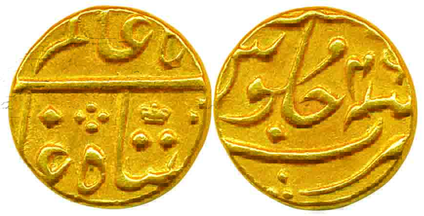 Gold Mohur, 11.54g, Mumbai Mint, in the name of Shah Alam II, RY 46, privy mark crown (KM#