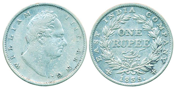 William IV, Silver Rupee, 1835, RS incuse, thin lettering. Very fine, extremely rare.