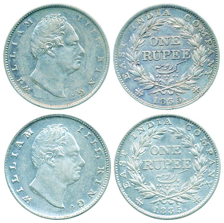 William IV, Silver Rupee (2), 1835, RS Incuse, B/II, Medium lettering, C/II, very thin and