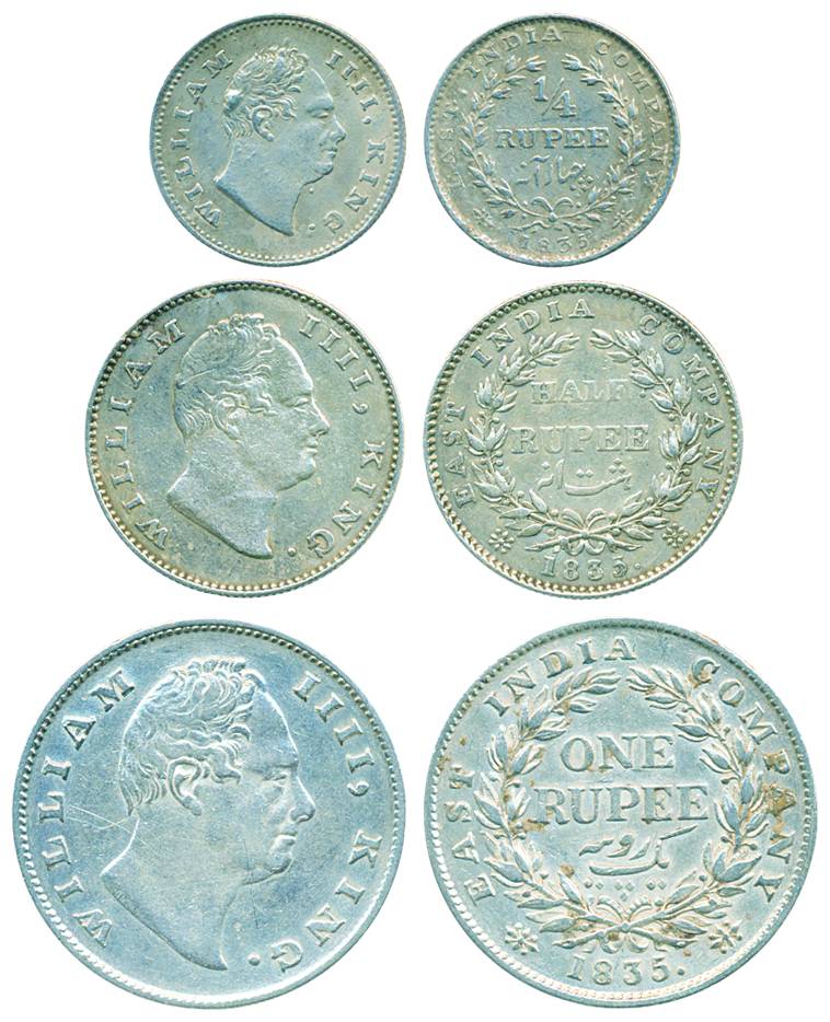 William IV, Silver set of 3 coins, Rupee, ½ Rupee & ¼ Rupee, 1835. Very fine to extra fine