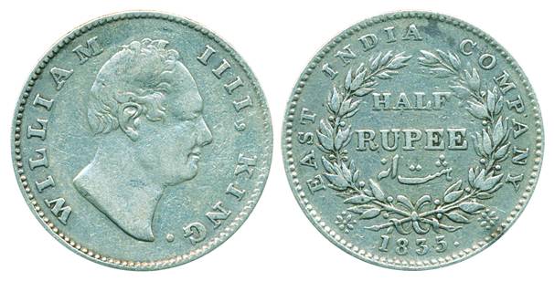 William IV, Silver ½ Rupee, 1835, Calcutta Mint, F Incuse, 21 Berries-L-11/R-10, Bud leave