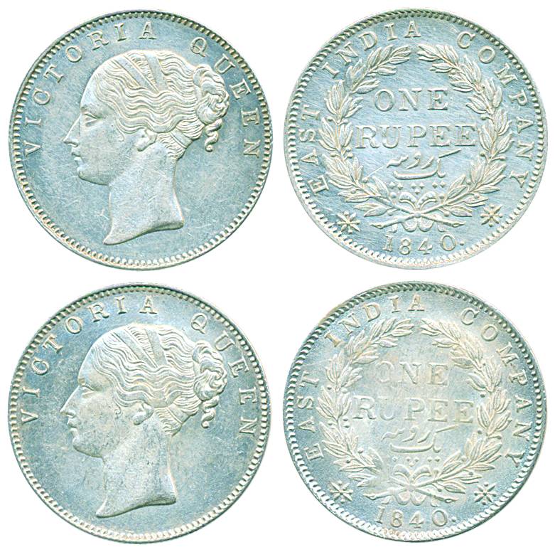 Victoria Queen, Silver Rupee (2), Calcutta & Bombay Mint, 1840, continuous legend, English