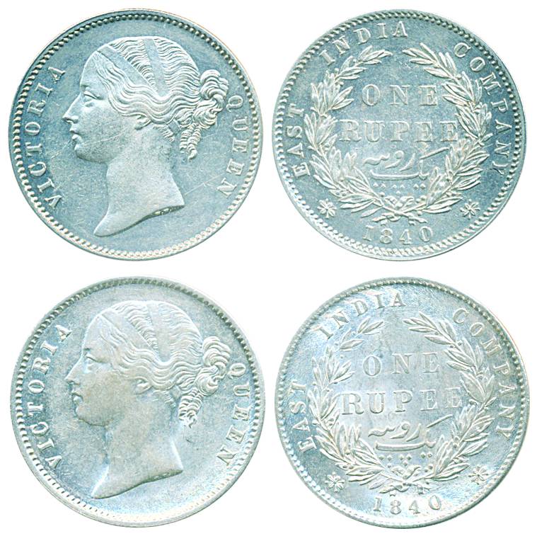 Victoria Queen, Silver Rupee (2), 1840, divided legend, with & without shaded lines on rev