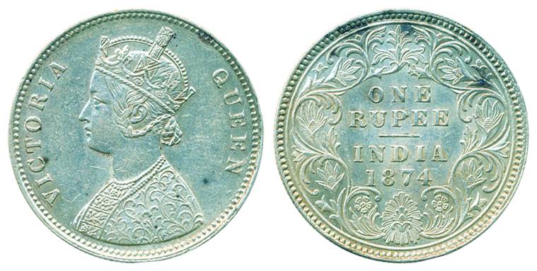 Victoria Queen, Silver Rupee, 1874, Calcutta Mint, A1/I. (Pr# 112). Little spot on reverse