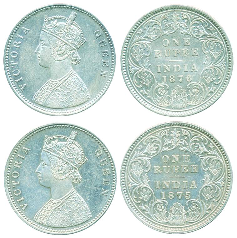 Victoria Queen, Silver Rupee (2), 1875 & 1876, Calcutta Mint, A1/I (Pr# 113 & 114). About 
