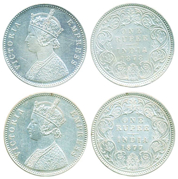 Victoria Empress, Silver Rupee (2), 1877 & 1878, Calcutta Mint, A1/I. (Pr# 115 & 116). Abo