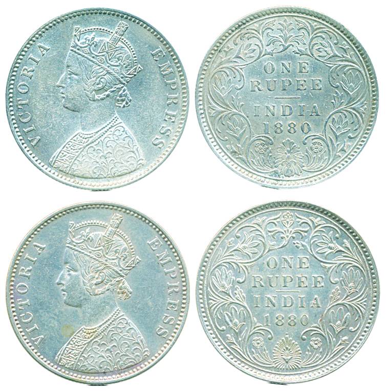 Victoria Empress, Silver Rupee (2), 1880, Calcutta & Bombay Mint, A1/I/C incuse and A3/IV/