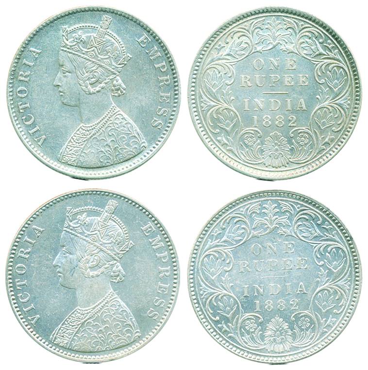 Victoria Empress, Silver Rupee (2), 1882, Calcutta & Bombay Mint, A1/I/C incuse and A/I/do