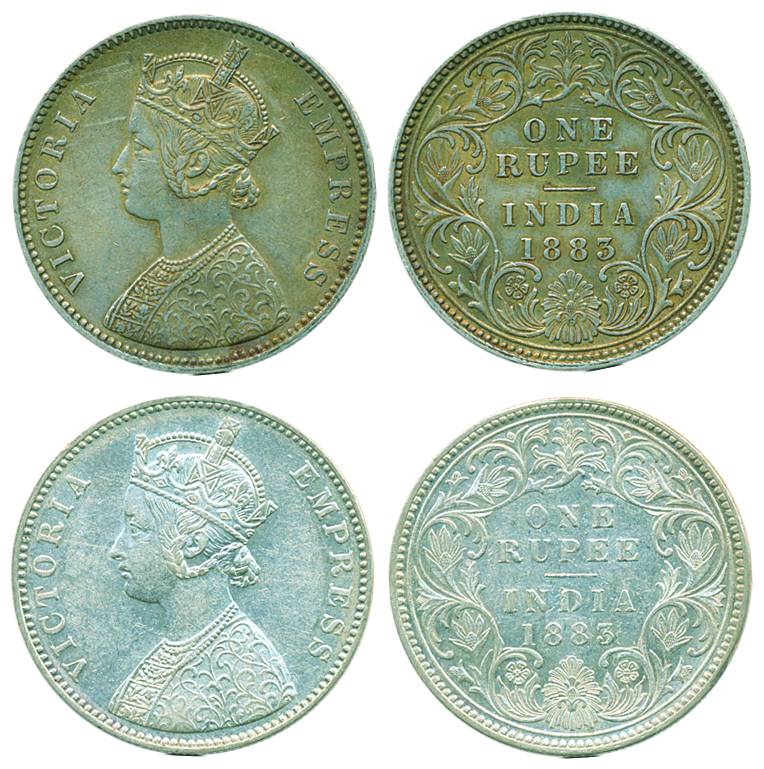 Victoria Empress, Silver Rupee (2), 1883, Calcutta & Bombay Mint, A1/I/C incuse and A3/I/B