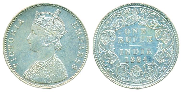 Victoria Empress, Silver Rupee, 1884, Bombay Mint, A3/I/B raised (Pr# 167). Extra fine, sc