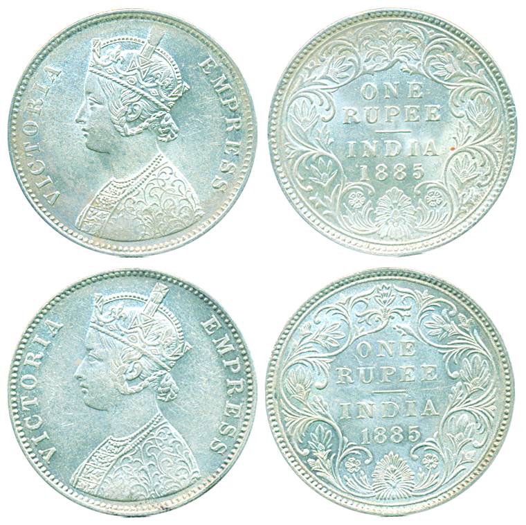 Victoria Empress, Silver Rupee (2), 1885, Calcutta & Bombay Mint, A1/I/C incuse and A3/II/