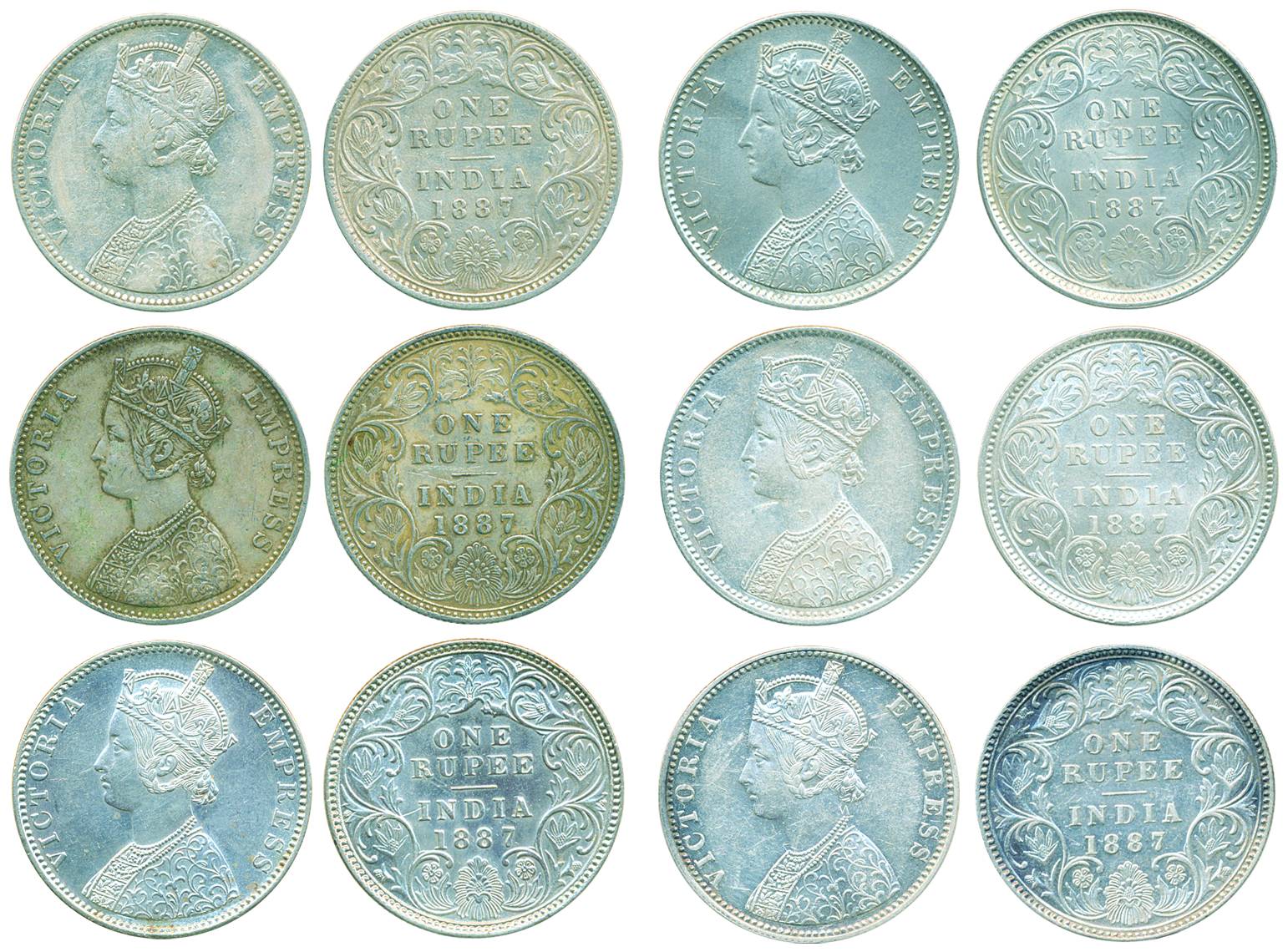 Victoria Empress, Silver Rupee (6), 1887, Bombay (4) &amp; Calcutta (2) Mint, A3/I/B incus