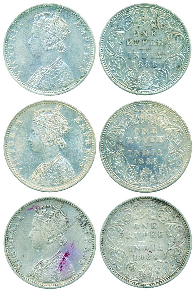 Victoria Empress, Silver Rupee (3), 1888, Bombay Mint, C2/I/B raised (Pr#174), C2/I/B incu