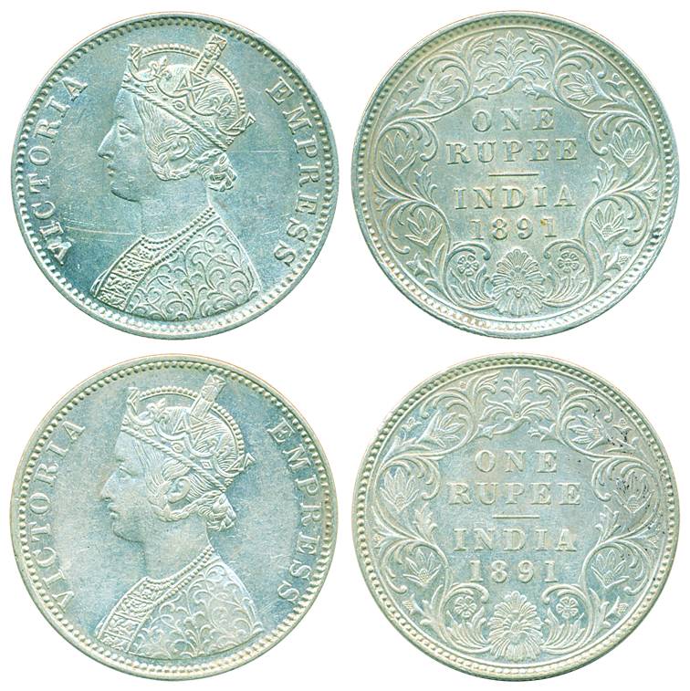Victoria Empress, Silver Rupee (2), 1891, Calcutta & Bombay Mint, C3/I/C incuse (Pr# 132) 