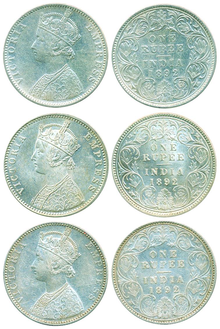 Victoria Empress, Silver Rupee (3), 1892, Calcutta (1) & Bombay (2) Mint, C3/I/C incuse (P
