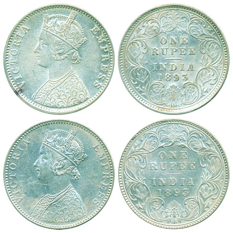 Victoria Empress, Silver Rupee (2), 1893, Calcutta & Bombay Mint, C3/I/C incuse (Pr# 134) 