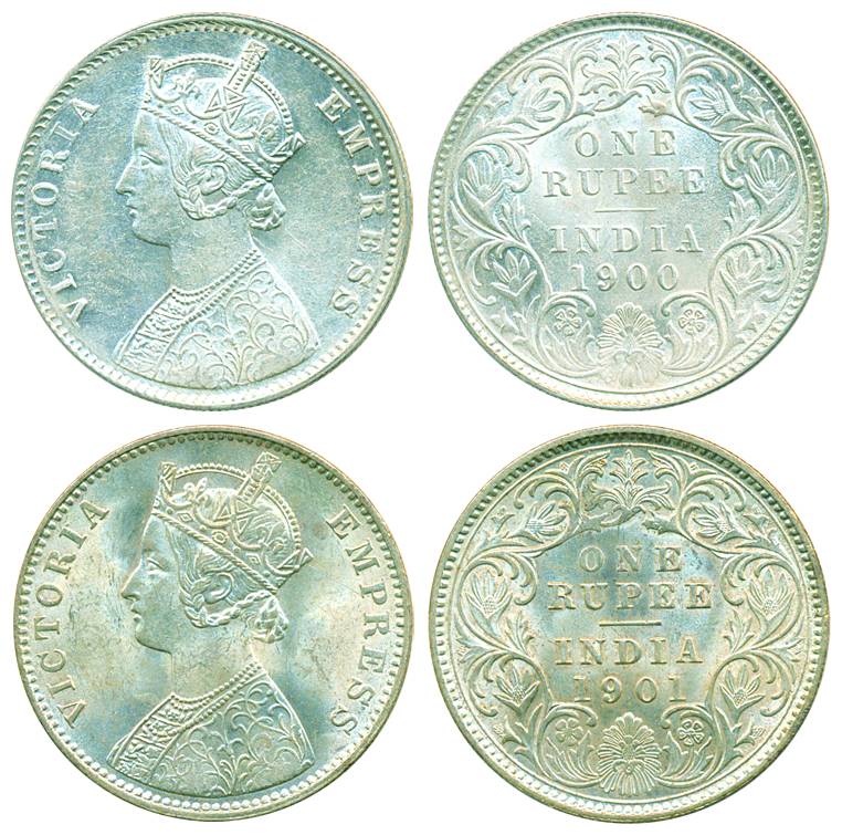 Victoria Empress, Silver Rupee (2), 1900 & 1901, both of Calcutta Mint, C3/I/C incuse (Pr#