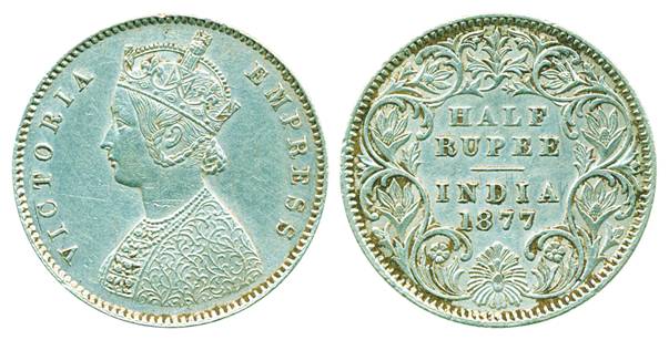 Victoria Empress, Silver ½ Rupee, 1877, Calcutta Mint, A/I (Pr# 261). Extremely fine+, ext
