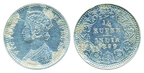 Victoria Empress, Silver ¼ Rupee, 1879, Calcutta Mint, C/II/C incuse (Pr# 384). Very fine,