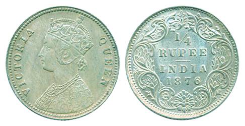 Victoria Empress, Silver ¼ Rupee, 1876, Calcutta Mint, A/I (Pr#381). Extra fine, rare.