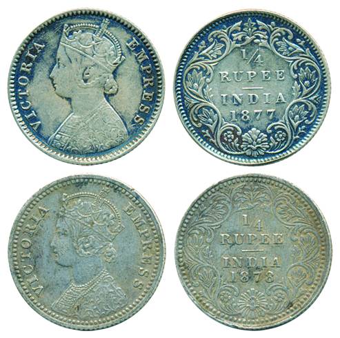 Victoria Empress, Silver ¼ Rupee (2), 1877, B/I & 1878, C/II, Calcutta Mint, (Pr# 382 & 38