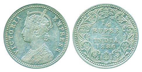 Victoria Empress, Silver ¼ Rupee, 1886, Calcutta Mint, C/II/C incuse (Pr# 391). Die rotati