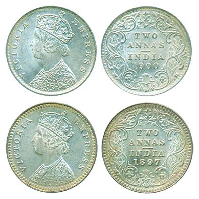 Victoria Empress, Silver 2 Anna, 1897 & 1900, both of Calcutta Mint, B/II/C incuse (Pr# 51