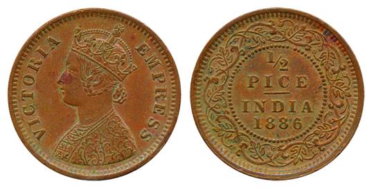 Victoria Empress, Copper ½ Pice, 1886, Calcutta Mint (Pr#718). About uncirculated, scarce.