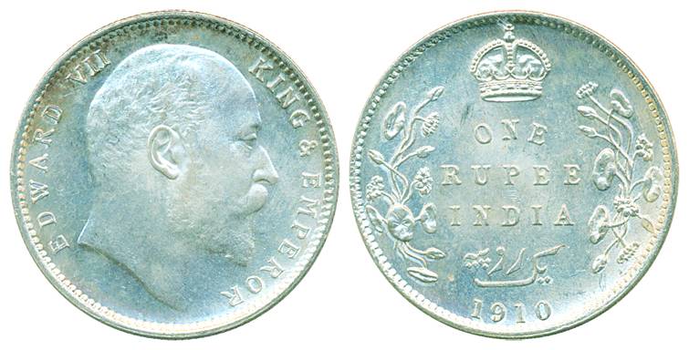 Edward VII, Silver Rupee, 1910 (Pr# 196). Brilliant uncirculated, rare in this grade.