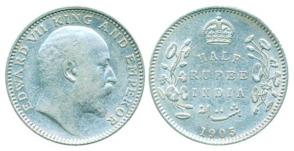 Edward VII, Silver ½ Rupee, 1905, Calcutta Mint (Pr# 309). Extra fine, scarce.