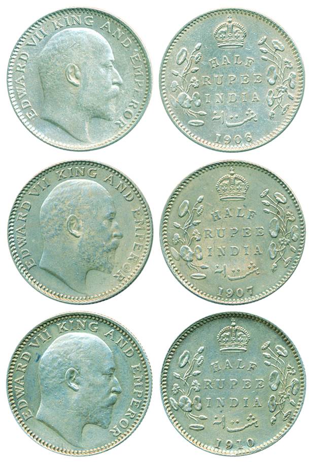 Edward VII, Silver ½ Rupee (3), 1906, 1907 &amp; 1910, Calcutta Mint (Pr# 310/ 311 &amp; 3