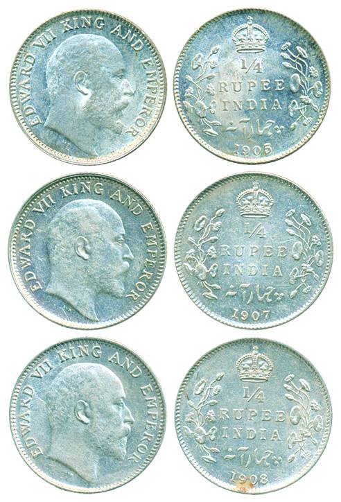 Edward VII, Silver ¼ Rupee (3), 1905, 1907 & 1908, Calcutta Mint (Pr# 434/ 436 & 437). Abo