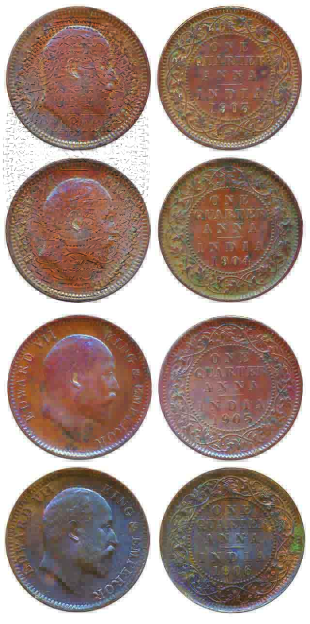 Edward VII, Copper ¼ Annas (4), 1903, 1904, 1905 &1906, Calcutta Mint (Pr# 646/647/649&650