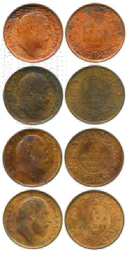 Edward VII, Copper (3) and Bronze (1) 1/12 Anna (4), 1905, 1907, 1909 & 1910, Calcutta Min