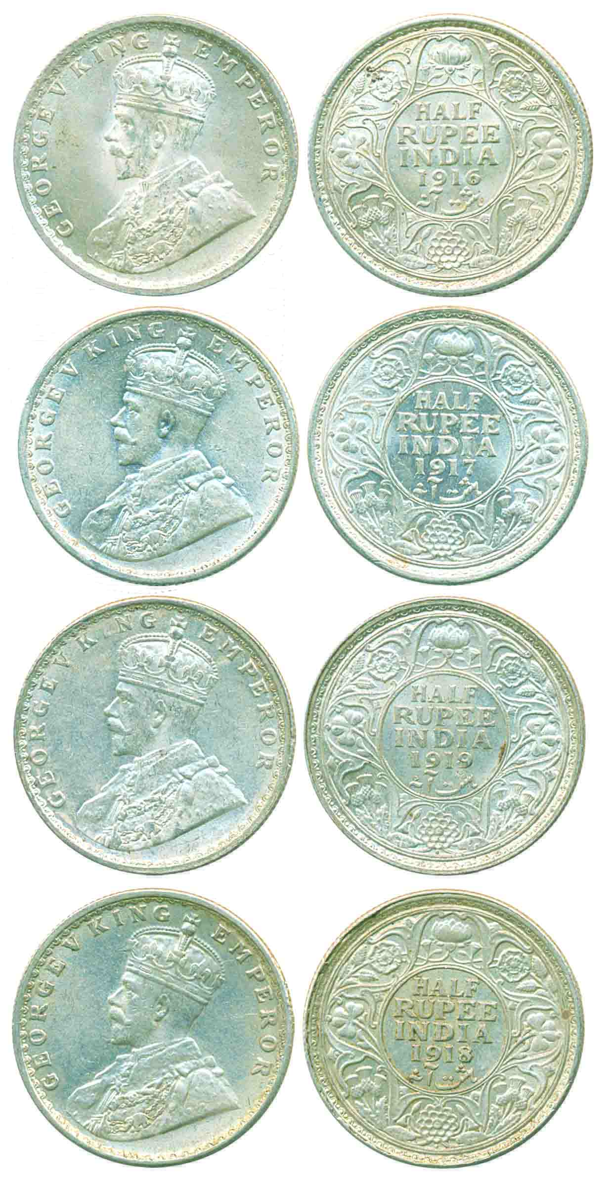 George V, Silver ½ Rupee (4), 1916, Calcutta Mint, and 1917, 1918 &amp; 1919, Bombay Mint 